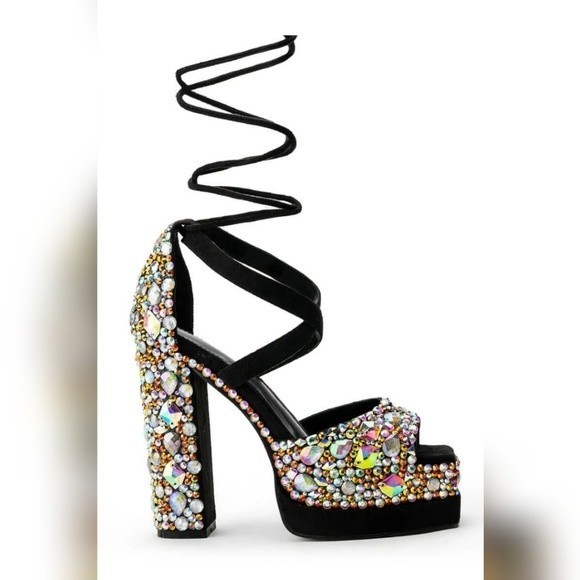 NIB Azalea Wang Brit Square Toe Strappy Platform Heel - Picture 3 of 16